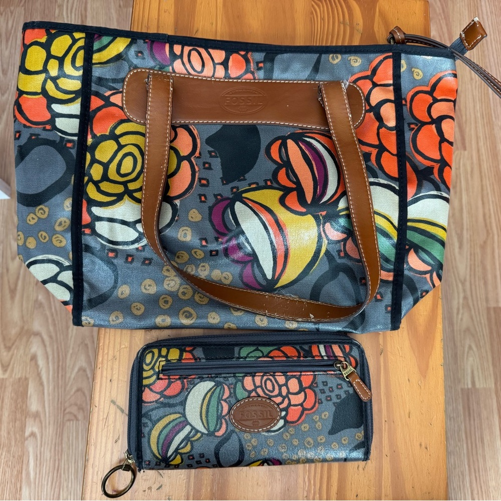 Fossil Women's Tote and Wallet Set - Orange, Yellow, Black